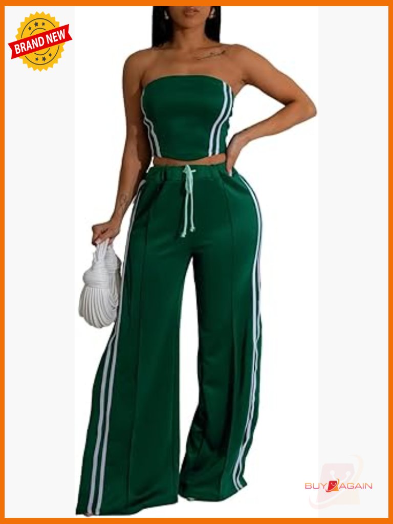 Strapless Striped Crop Top & Wide Leg Pants Set - Casual Summer Outfit